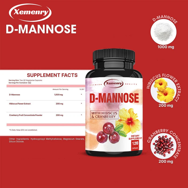 D-Mannose Supplement - Healthy Bladder, Natural Cleansing, Rapid Detoxification, Contains Cranberry Fruit Powder - 120 Capsules