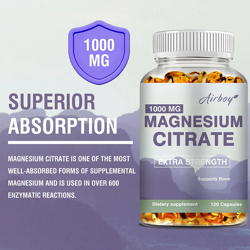 Magnesium Citrate 1000mg - Dietary Supplement for Muscle, Nerve, Bone and Heart Support - 120 Capsules