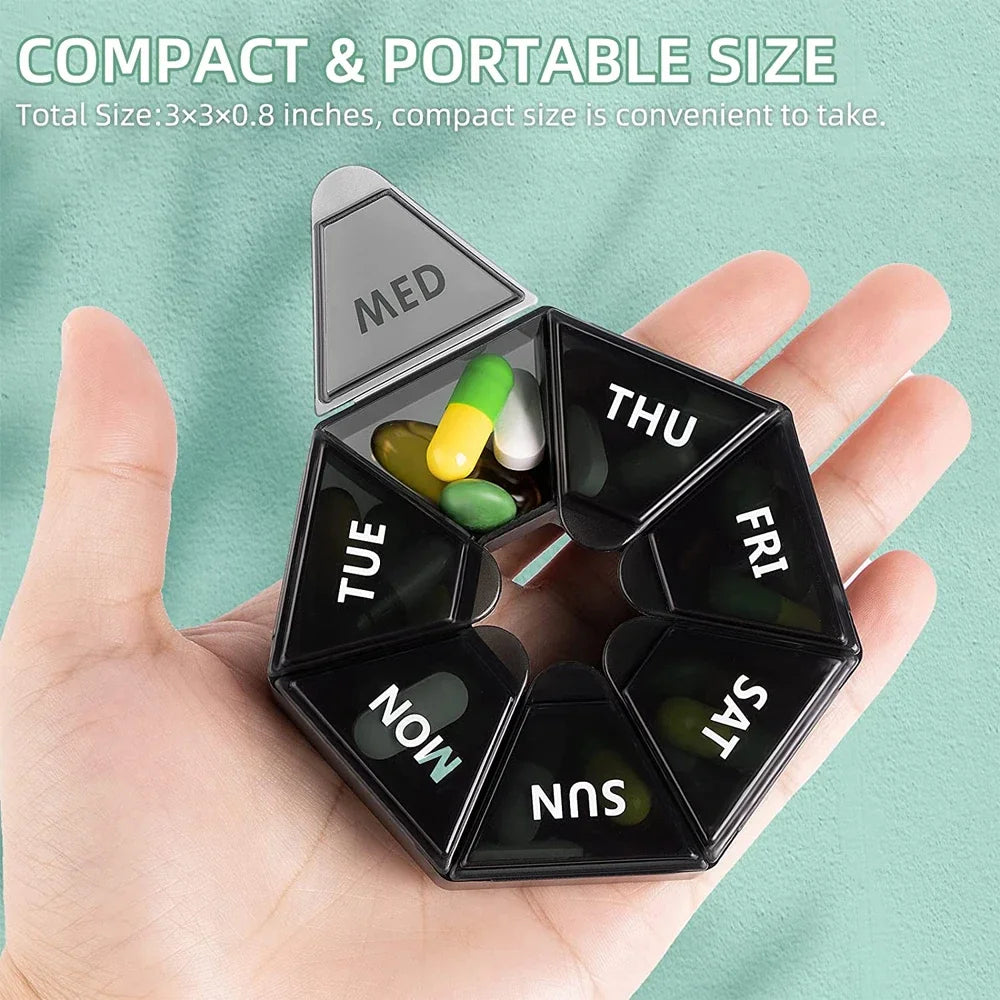 Weekly Pill Organizer, Portable 7-Sided Travel Pill Box Containers, New Edition Holder for Vitamin/ Fish Oil/ Pills/ Supplements