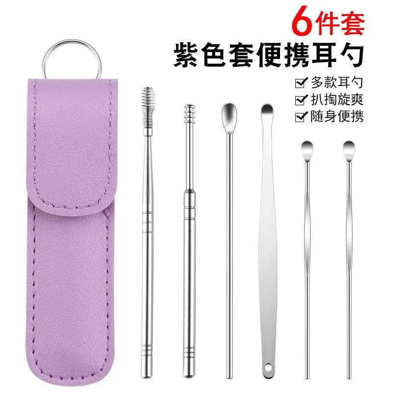 6Pcs/set Ear Cleaner Ear Wax Pickers Stainless Steel Earpick Wax Remover Piercing Kit Earwax Curette Spoon Care Ear Clean Tools