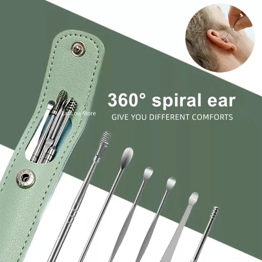 6Pcs/set Ear Cleaner Ear Wax Pickers Stainless Steel Earpick Wax Remover Piercing Kit Earwax Curette Spoon Care Ear Clean Tools