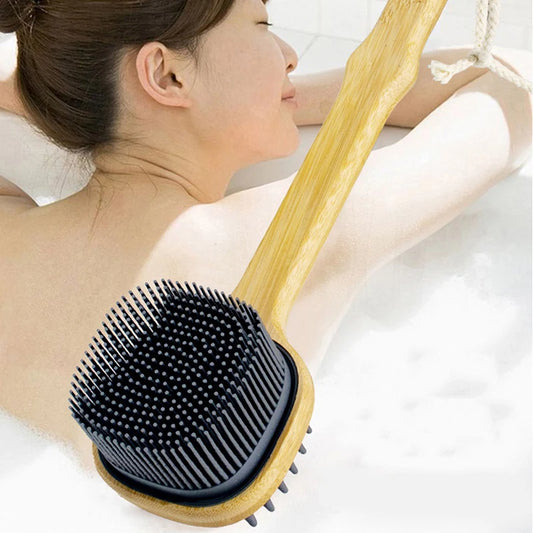 1pc Silicone Brush Head Back Scrubber Shower Brush With Long Wooden Handle Dry Skin Exfoliating Body Massage Cleaning Tool