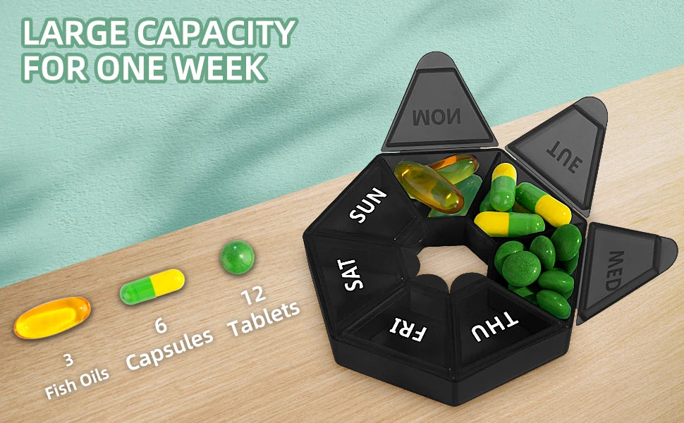 Weekly Pill Organizer, Portable 7-Sided Travel Pill Box Containers, New Edition Holder for Vitamin/ Fish Oil/ Pills/ Supplements