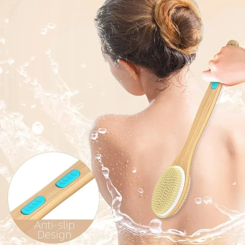 Natural Bristle Back Scrubber Shower Brush Wooden Long Handle Wet Dry Body SPA Brush Skin Exfoliating Body Massage Cleaning Tool